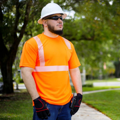 Polyester Segmented Tape Safety T-Shirt With Pocket | Safety orange